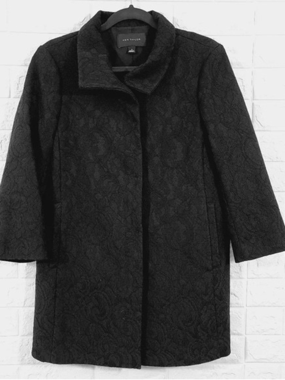 Ann Taylor Black Floral Jacquard Pea Coat
